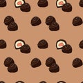 Chocolate candies seamless pattern on beige background with sweet food desserts. Vector confectionery treats and snacks design