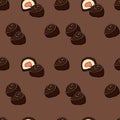 Chocolate candies seamless pattern on brown background with sweet food desserts. Vector confectionery treats and snacks design Royalty Free Stock Photo