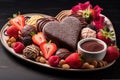 Chocolate candies with strawberries, blackberries, raspberries and almonds on a dark wooden background