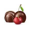 Chocolate candy and cherry fruit isolated