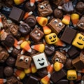 chocolate candy with halloween faces and candy corn