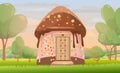 Chocolate Candy hut on meadow with garden trees.. Sweet caramel fairy house. Summer cute landscape. Illustration in