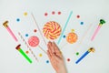 Chocolate Candy Lollipop Hand White Background Lay Flat Minimal