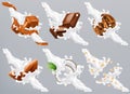 Chocolate, caramel, coconut, almond, biscuit, oats in milk splash. Yogurt 3d vector