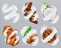 Chocolate, caramel, coconut, almond, biscuits in milk splash. Yogurt 3d vector Royalty Free Stock Photo