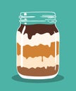 Chocolate caremel cream layered dessert in mason jar. Vector hand drawn illustration.