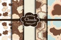 Chocolate cartoon sky and clouds seamless pattern set.