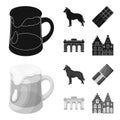 Chocolate, cathedral and other symbols of the country.Belgium set collection icons in black,monochrom style vector