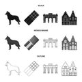 Chocolate, cathedral and other symbols of the country.Belgium set collection icons in black,monochrome,outline style