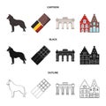 Chocolate, cathedral and other symbols of the country.Belgium set collection icons in cartoon,black,outline style vector