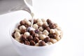 Chocolate cereal balls and milk