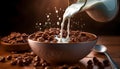 Chocolate cereal in a bowl milk splash. Royalty Free Stock Photo