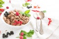 chocolate cereal pads with berries in bowl Healthy tasty breakfast chocolate square pads with strawberries, raspberries Royalty Free Stock Photo