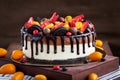 Chocolate cheesecake decorated with fresh fruits