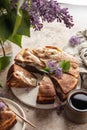 Chocolate cheesecake layered with brownie and cottage cheese. Chocolate cake sliced on brown textured background with Royalty Free Stock Photo