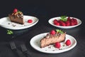 Chocolate cheesecake with raspberries and mint