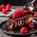 Chocolate cheesecake with raspberries and chocolate sauce on a dark background