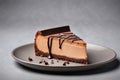 Chocolate cheesecake - slice of creamy cheesecake isolated on grey background and decorated with chocolate dribble