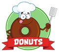 Chocolate Chef Donut Cartoon Character Circle Label With Text