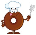 Chocolate Chef Donut Cartoon Character Holding A Slotted Spatula