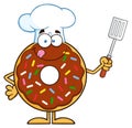 Chocolate Chef Donut Cartoon Character With Sprinkles Holding A Slotted Spatula