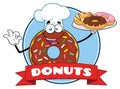 Chocolate Chef Donut Cartoon Mascot Character With Sprinkles Circle Label Design