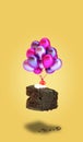 chocolate cherry cake with balloons on yellow background