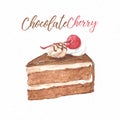 Chocolate cherry cake, hand draw sketch watercolor illustration