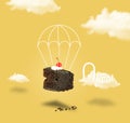 Chocolate cherry cake with parachute on yellow sky back