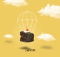 Chocolate cherry cake with parachute on yellow sky without text Royalty Free Stock Photo