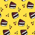 Chocolate cherry cake pattern. Seamless background, cute hand drawn desserts on yellow background. Vector cafe texture