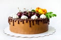 Chocolate cherry cake with roses Royalty Free Stock Photo