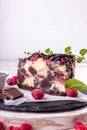 Chocolate cherry fruit cake. Piece of sweet pie and frosen cherry on white background Royalty Free Stock Photo