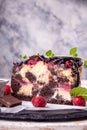 Chocolate cherry fruit cake. Piece of sweet pie and frosen cherry on white background Royalty Free Stock Photo