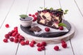 Chocolate cherry fruit cake. Piece of sweet pie and frosen cherry on white background Royalty Free Stock Photo