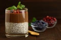 Chocolate Chia Pudding Dessert with blueberries. Sweet pudding Royalty Free Stock Photo