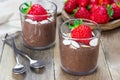 Chocolate chia seed pudding with almond slices and strawberry Royalty Free Stock Photo
