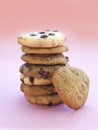 Chocolate chip and almond cookies stacked