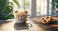 A chocolate chip cookie accompanies a latte with a cute bear design created in the foam Royalty Free Stock Photo