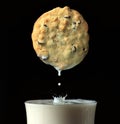Chocolate chip cookie being dipped into a fresh glass of milk Royalty Free Stock Photo
