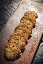 Chocolate chip cookie biscuits on wooden board