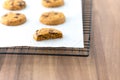 Chocolate chip cookie in closed up shot, cookies fresh baked lay on waxed paper