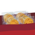 Chocolate chip cookie, Freshly baked Four cookies. Present Gift box with biscuits in transparent plastic package. Bright colors on