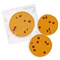 Chocolate chip cookie, Freshly baked Four cookies in transparent plastic package isolated on white background. Bright colors. Vect Royalty Free Stock Photo