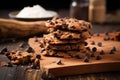 a chocolate chip cookie pile on a rustic wooden board