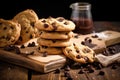 a chocolate chip cookie pile on a rustic wooden board