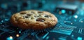 Chocolate chip cookie rests on circuit board. Digital information privacy and data tracking concept. Internet web tracking, Royalty Free Stock Photo