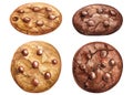 Chocolate chip cookie set. Cookie chocolate on a white background, sweet watercolor illustration, hand drawing painting Royalty Free Stock Photo