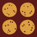 Chocolate chip cookie set, Freshly baked Four cookies on dark brown background. Bright colors. Vector Royalty Free Stock Photo