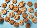 Chocolate chip cookies on blue background, top view. Sweet food. Made with Generative AI